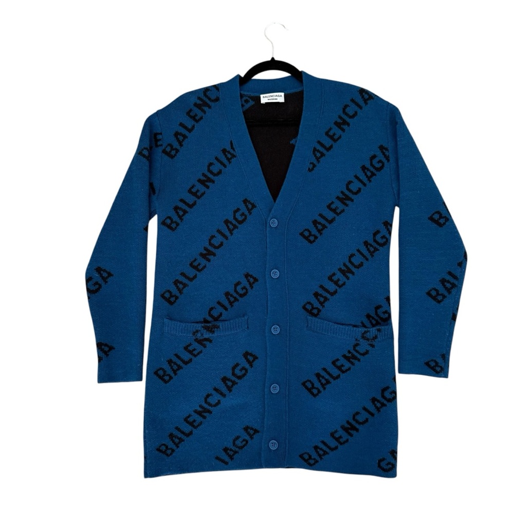 BALENCIAGA LOGO VIRGIN WOOL OVERSIZED BUTTON DOWN CARDIGAN
